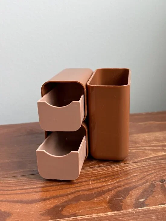 Small Brown Plastic Stationary Desk Organizer w/ Drawers - Picture 6 of 10